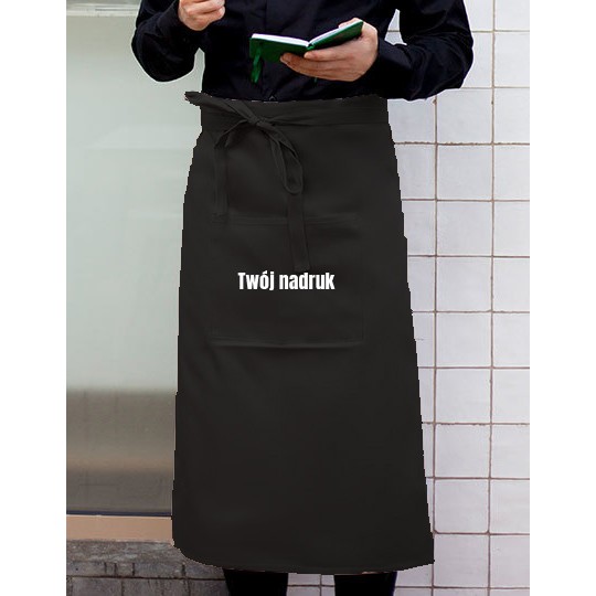 ZAPASKA KELNERSKA Z LOGO PÓŁFARTUCH GASTRONOMICZNY DŁUGA 90 cm CZARNY Z KIESZENIĄ