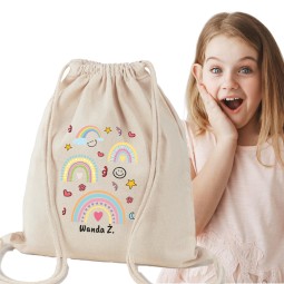 WOREK/PLECAK NA BUTY Z IMIENIEM SZKOLNY DO PRZEDSZKOLA SZKOŁY DUŻY BEŻOWY TĘCZA