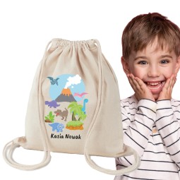 WOREK/PLECAK NA BUTY Z IMIENIEM SZKOLNY DO PRZEDSZKOLA SZKOŁY DUŻY BEŻOWY DINOZAUR