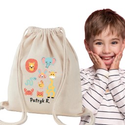 WOREK/PLECAK NA BUTY Z IMIENIEM SZKOLNY DO PRZEDSZKOLA SZKOŁY DUŻY BEŻOWY ZWIERZĘTA