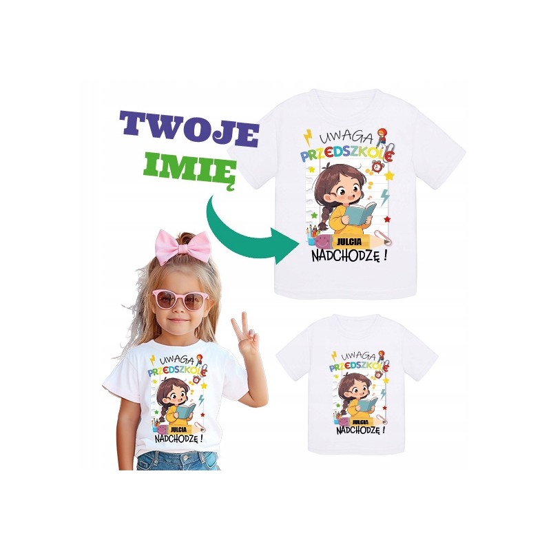 KOSZULKA DZIECIĘCA DO PRZEDSZKOLA NADRUK UWAGA PRZEDSZKOLE PERSONALIZOWANA