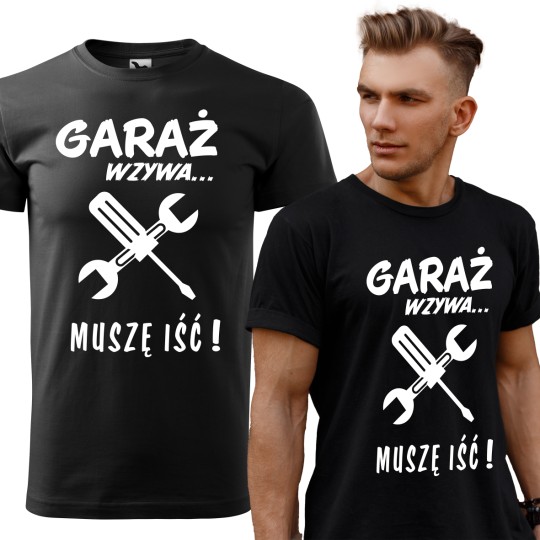 KOSZULKA MĘSKA Z HUMORYSTYCZNYM NADRUKIEM GARAŻ WZYWA KOSZULKA MĘSKA Z HUMORYSTYCZNYM NADRUKIEM GARAŻ WZYWA