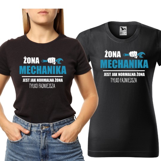 KOSZULKA DAMSKA Z HUMORYSTYCZNYM NADRUKIEM ŻONA MECHANIKA KOSZULKA DAMSKA Z HUMORYSTYCZNYM NADRUKIEM ŻONA MECHANIKA