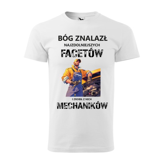 KOSZULKA MĘSKA DLA MECHANIKA BÓG ZESŁAŁ NAJZDOLNIEJSZYCH FACETÓW BIAŁA