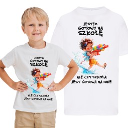 KOSZULKA DO SZKOŁY NADRUK JESTEM GOTOWY NA SZKOŁĘ BIAŁA