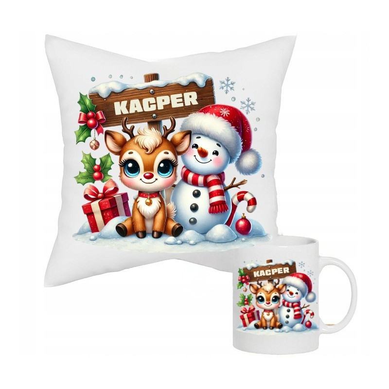 ŚWIĄTECZNA PODUSZKA KUBEK ZESTAW NA PREZENT PERSONALIZOWANY Z IMIENIEM