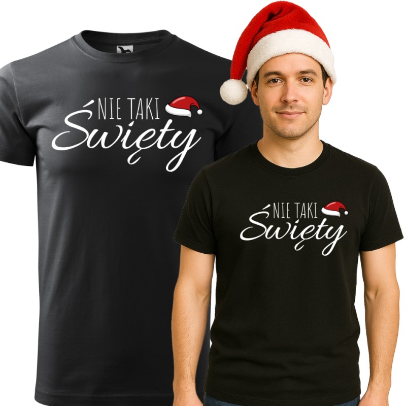 KOSZULKA MĘSKA ŚWIĄTECZNA Z NADRUKIEM NIE TAKI ŚWIĘTY CZARNA