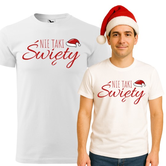 KOSZULKA MĘSKA ŚWIĄTECZNA Z NADRUKIEM NIE TAKI ŚWIĘTY BIAŁA