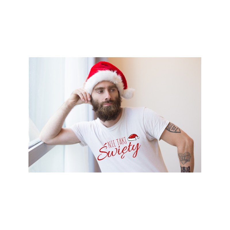 KOSZULKA MĘSKA ŚWIĄTECZNA Z NADRUKIEM NIE TAKI ŚWIĘTY BIAŁA