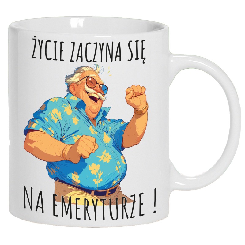 KUBEK Z OKAZJI PRZEJŚCIA NA EMERYTURĘ DLA EMERYTA BIAŁY CERAMICZNY 330ml