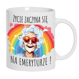 KUBEK Z OKAZJI PRZEJŚCIA NA EMERYTURĘ DLA EMERYTKI BIAŁY CERAMICZNY 330ml