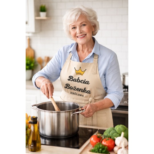 FARTUCH DLA BABCI KRÓLOWA WYPIEKÓW DZIEŃ BABCI BEŻOWY PERSONALIZOWANY 83CM
