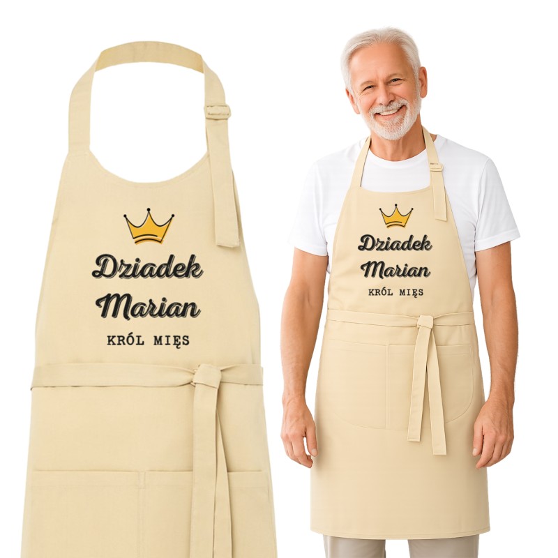 FARTUCH DLA DZIADKA KRÓL MIĘS DZIEŃ DZIADKA BEŻOWY PERSONALIZOWANY 83CM
