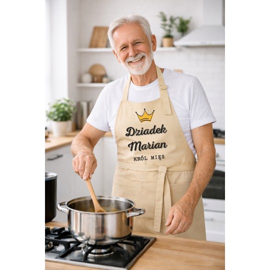 FARTUCH DLA DZIADKA KRÓL MIĘS DZIEŃ DZIADKA BEŻOWY PERSONALIZOWANY 83CM