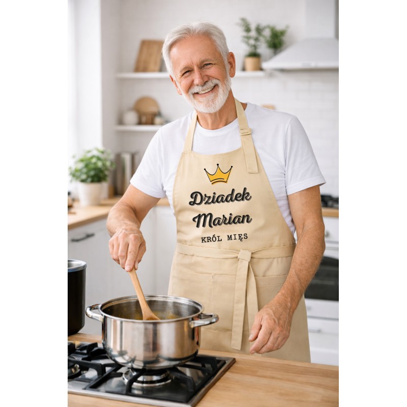 FARTUCH DLA DZIADKA KRÓL MIĘS DZIEŃ DZIADKA BEŻOWY PERSONALIZOWANY 83CM