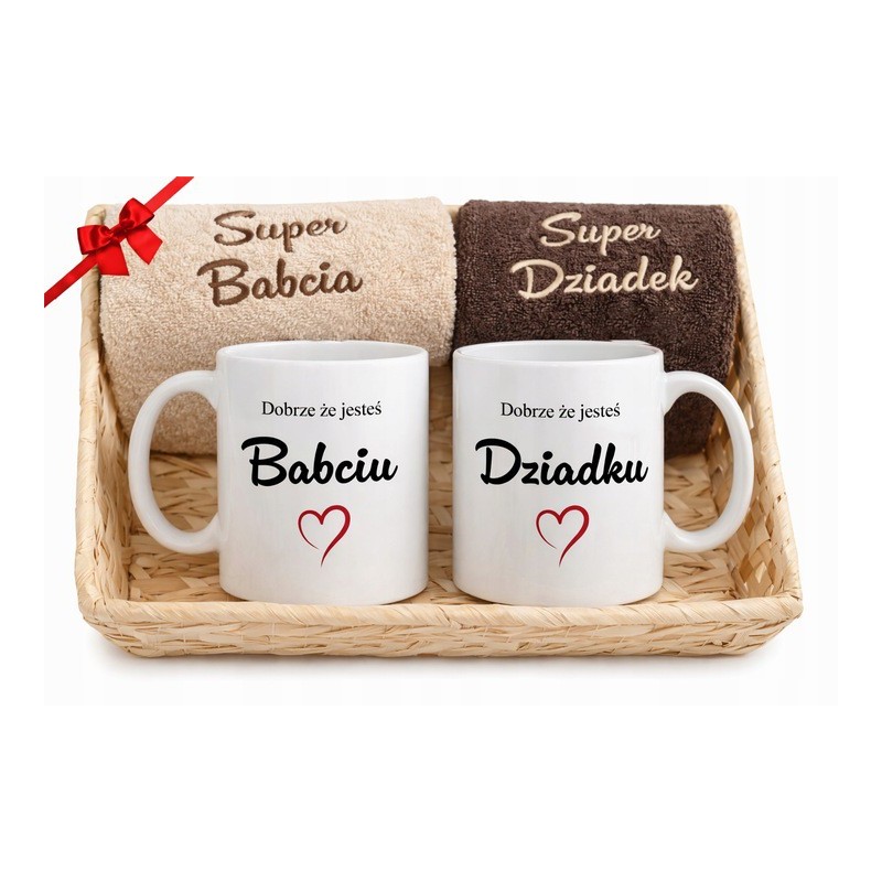 ZESTAW RĘCZNIKÓW NA DZIEŃ BABCI I DZIADKA Z BIAŁYMI KUBKAMI