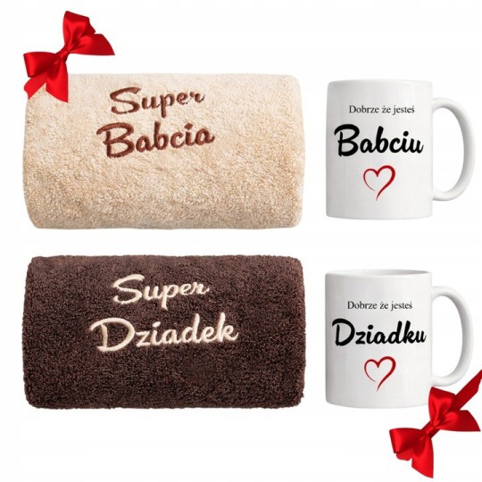ZESTAW RĘCZNIKÓW NA DZIEŃ BABCI I DZIADKA Z BIAŁYMI KUBKAMI