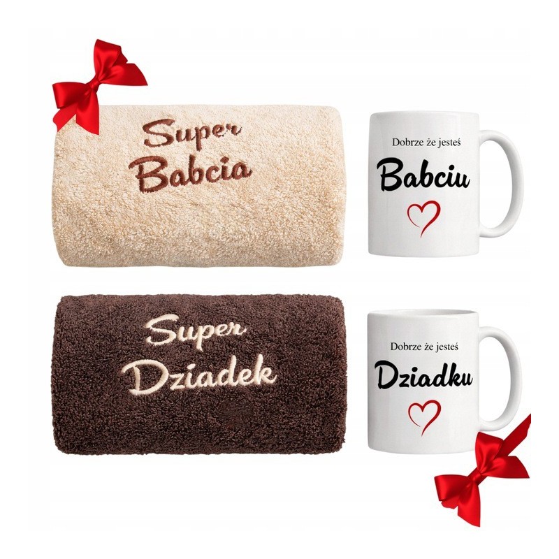 ZESTAW RĘCZNIKÓW NA DZIEŃ BABCI I DZIADKA Z BIAŁYMI KUBKAMI