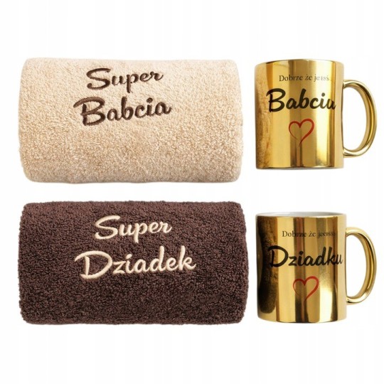 ZESTAW RĘCZNIKÓW NA DZIEŃ BABCI I DZIADKA ZE ZŁOTYMIK KUBKAMI