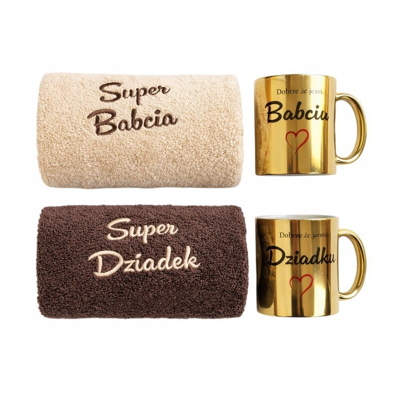 ZESTAW RĘCZNIKÓW NA DZIEŃ BABCI I DZIADKA ZE ZŁOTYMIK KUBKAMI