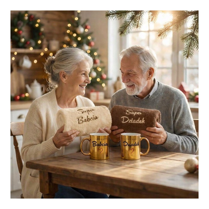 ZESTAW RĘCZNIKÓW NA DZIEŃ BABCI I DZIADKA ZE ZŁOTYMIK KUBKAMI