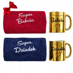 ZESTAW RĘCZNIKÓW NA DZIEŃ BABCI I DZIADKA ZE ZŁOTYMIK KUBKAMI