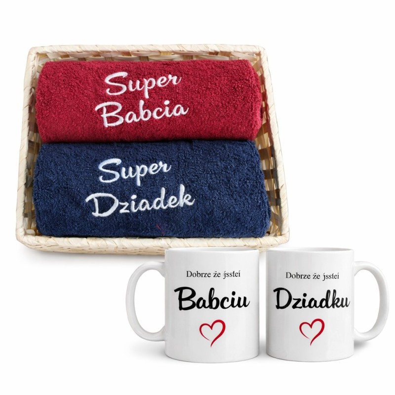 ZESTAW RĘCZNIKÓW NA DZIEŃ BABCI I DZIADKA Z BIAŁYMI KUBKAMI