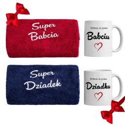 ZESTAW RĘCZNIKÓW NA DZIEŃ BABCI I DZIADKA Z BIAŁYMI KUBKAMI