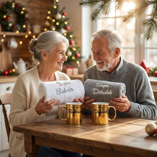 ZESTAW RĘCZNIKÓW NA DZIEŃ BABCI I DZIADKA ZE ZŁOTYMI KUBKAMI