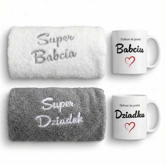 ZESTAW RĘCZNIKÓW NA DZIEŃ BABCI I DZIADKA Z BIAŁYMI KUBKAMI