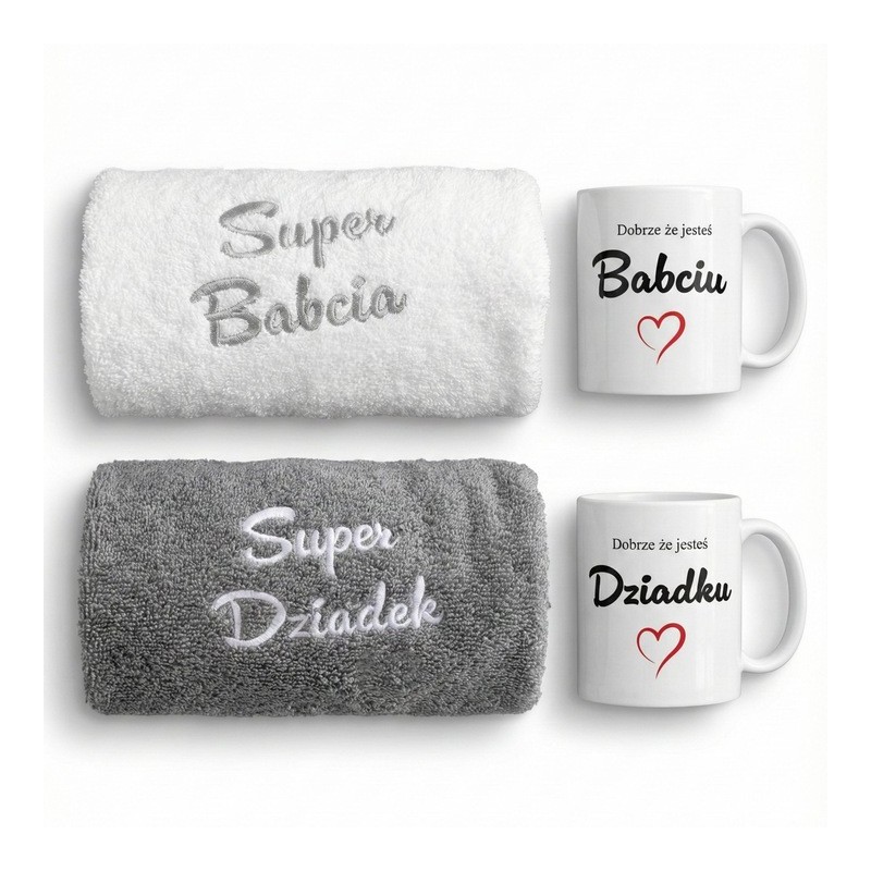 ZESTAW RĘCZNIKÓW NA DZIEŃ BABCI I DZIADKA Z BIAŁYMI KUBKAMI