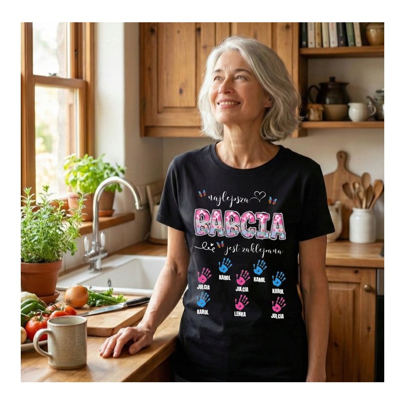 KOSZULKA NA DZIEŃ BABCI NAJLEPSZA BABCIA JEST ZAKLEPANA IMIĘ CZARNA