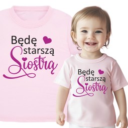 KOSZULKA DZIECIĘCA Z NADRUKIEM BĘDĘ STARSZĄ SIOSTRĄ TSHIRT RÓŻOWY