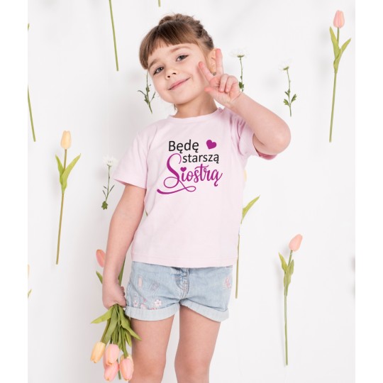 KOSZULKA DZIECIĘCA Z NADRUKIEM BĘDĘ STARSZĄ SIOSTRĄ TSHIRT RÓŻOWY