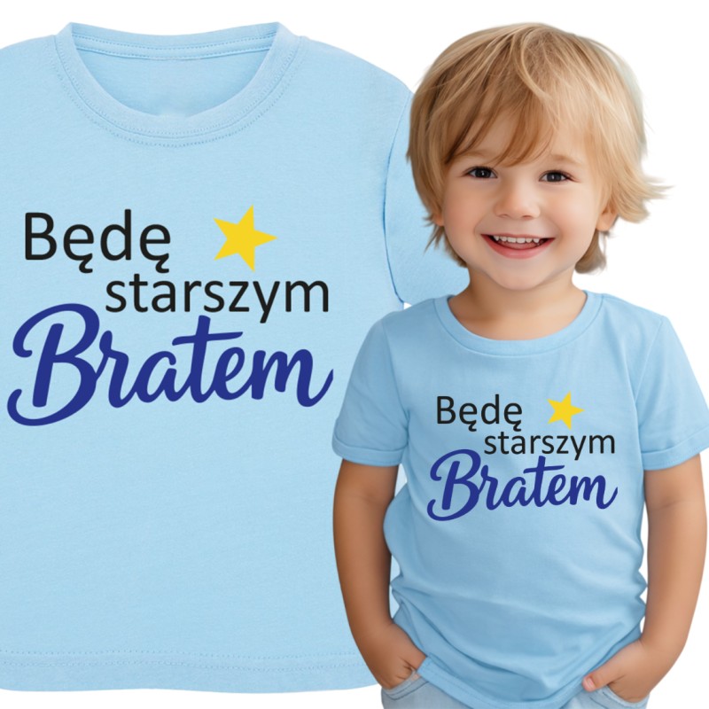 KOSZULKA DZIECIĘCA Z NADRUKIEM BĘDĘ STARSZYM BRATEM TSHIRT NIEBIESKI