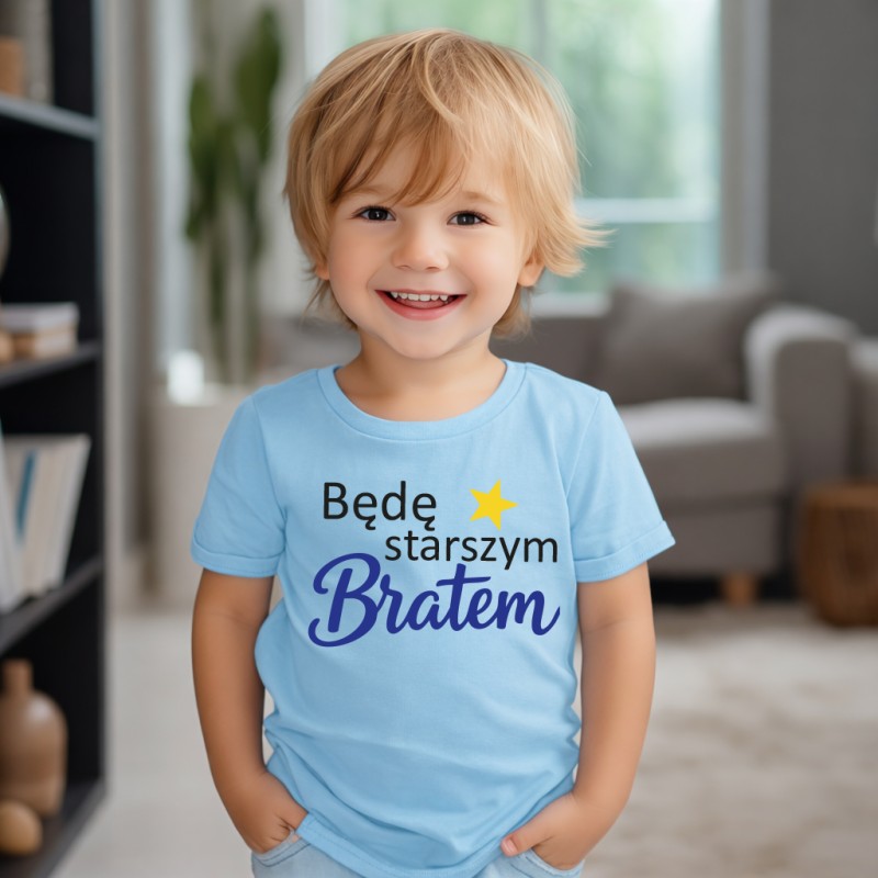KOSZULKA DZIECIĘCA Z NADRUKIEM BĘDĘ STARSZYM BRATEM TSHIRT NIEBIESKI
