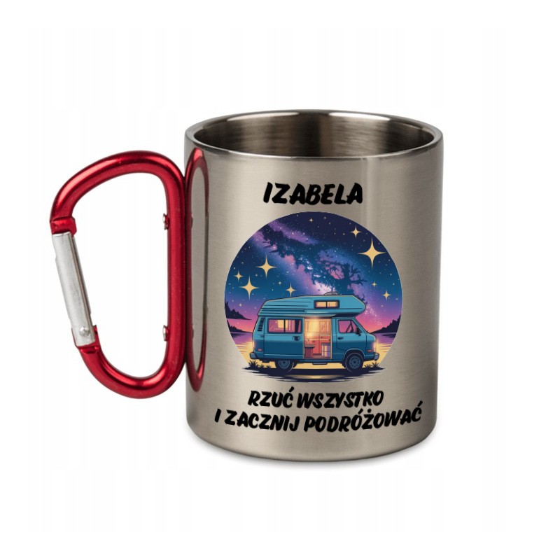 KUBEK METALOWY Z KARABIŃCZYKIEM RZUĆ WSZYSTKO I ZACZNIJ PODRÓŻOWAĆ 300 ML