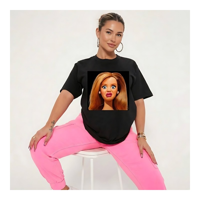 KOSZULKA CZARNA TSHIRT Z MOTYWEM BARBIE OVERSIZE BAWEŁNA