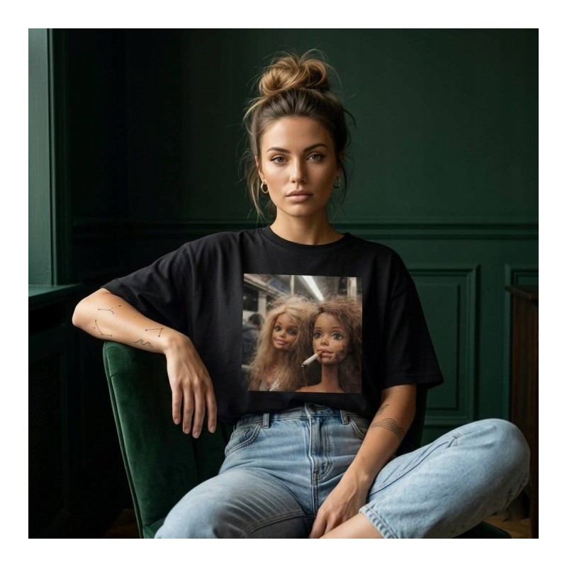 KOSZULKA CZARNA TSHIRT Z MOTYWEM BARBIE OVERSIZE BAWEŁNA