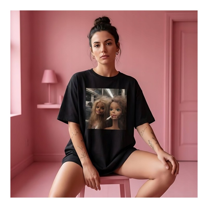 KOSZULKA CZARNA TSHIRT Z MOTYWEM BARBIE OVERSIZE BAWEŁNA