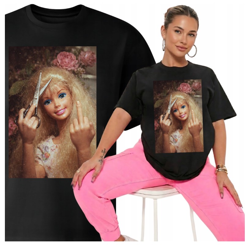KOSZULKA Z BARBIE CZARNA OVERSIVE GRUBA MEM DISGUSTED DOLL FACE
