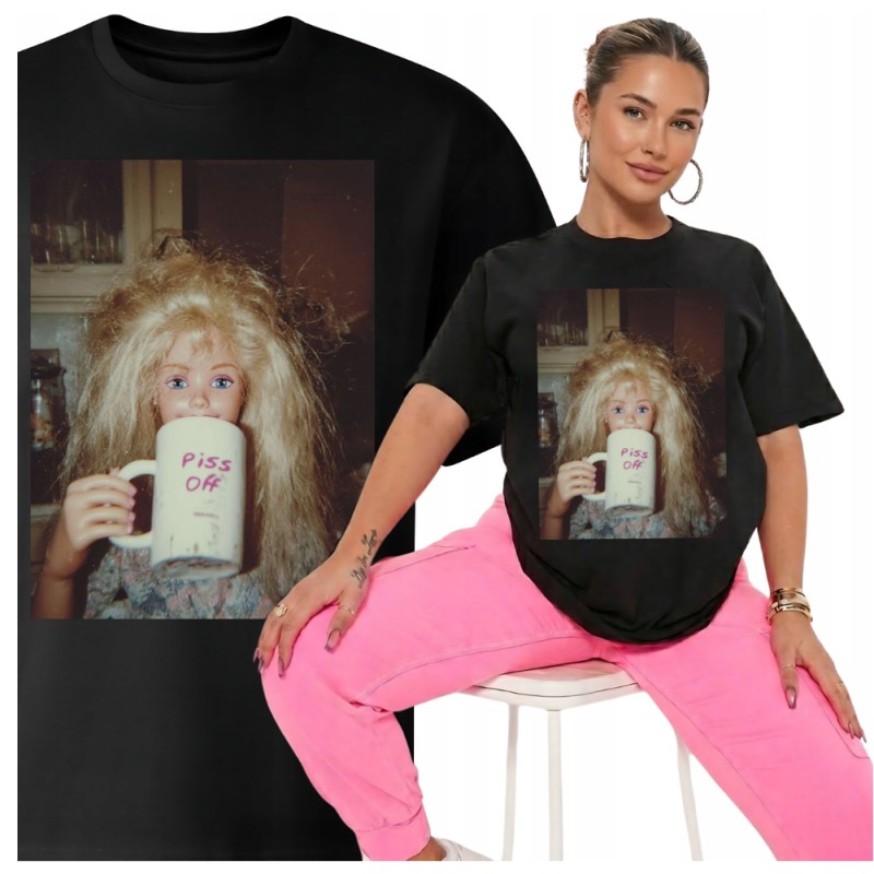 KOSZULKA Z BARBIE CZARNA OVERSIVE GRUBA MEM DISGUSTED DOLL FACE