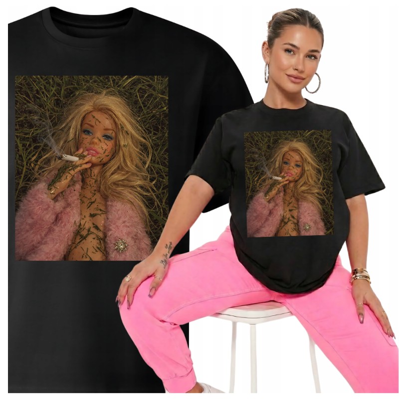 KOSZULKA Z BARBIE CZARNA OVERSIVE GRUBA MEM DISGUSTED DOLL FACE