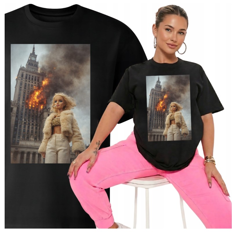 KOSZULKA Z BARBIE CZARNA OVERSIVE GRUBA MEM DISGUSTED DOLL FACE