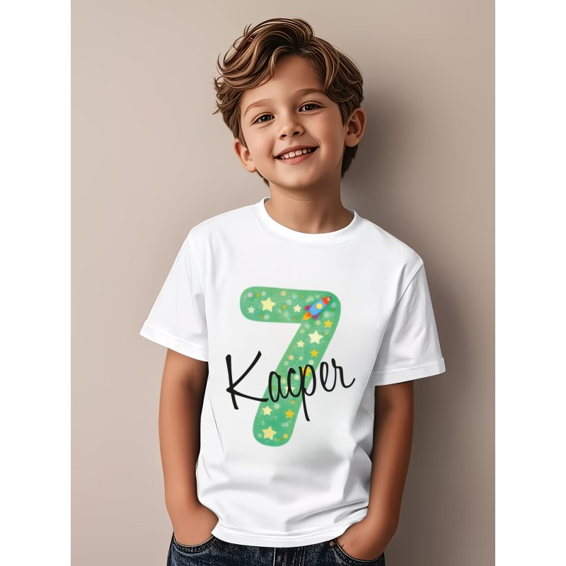 KOSZULKA DZIECIĘCA NA SIÓDME URODZINY DLA CHŁOPCA BIAŁA
