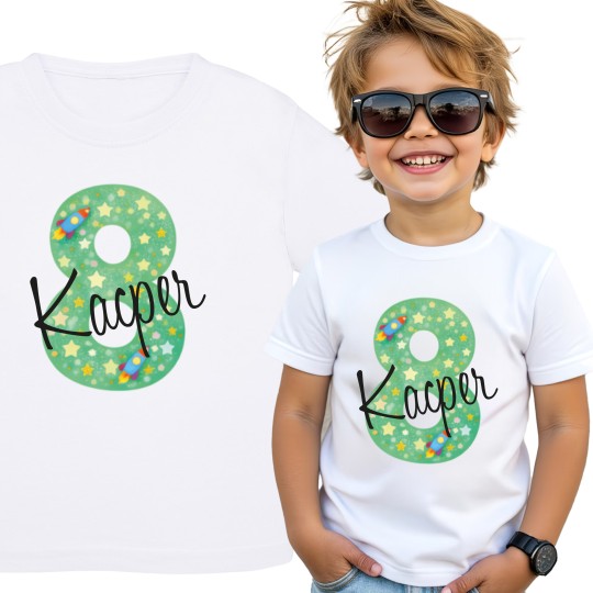 KOSZULKA DZIECIĘCA NA ÓSME URODZINY DLA CHŁOPCA BIAŁA