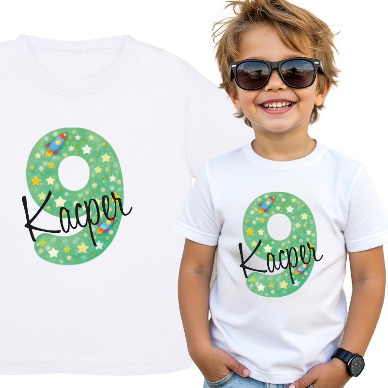 KOSZULKA DZIECIĘCA NA DZIEWIĄTE URODZINY DLA CHŁOPCA BIAŁA