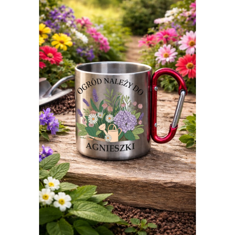 KUBEK METALOWY Z KARABIŃCZYKIEM OGRÓD NALEŻY DO 300 ML