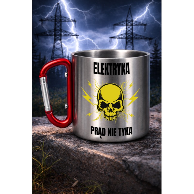 KUBEK METALOWY Z KARABIŃCZYKIEM ELEKTRYKA PRĄD NIE TYKA 300 ML