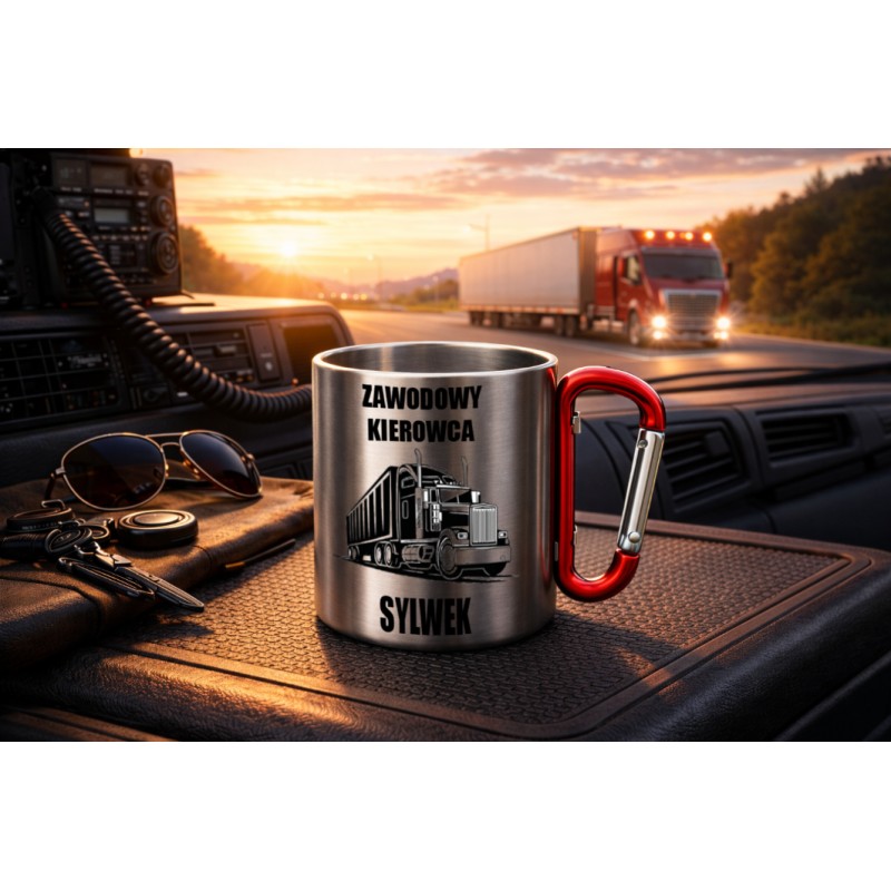 KUBEK METALOWY Z KARABIŃCZYKIEM ZAWODOWY KIEROWCA 300 ML
